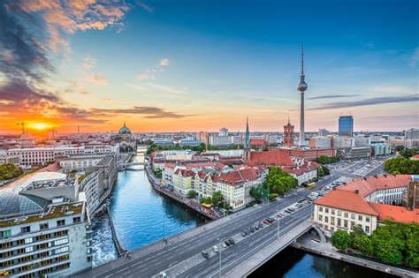 Berlin TV Tower and Spree River at sunset