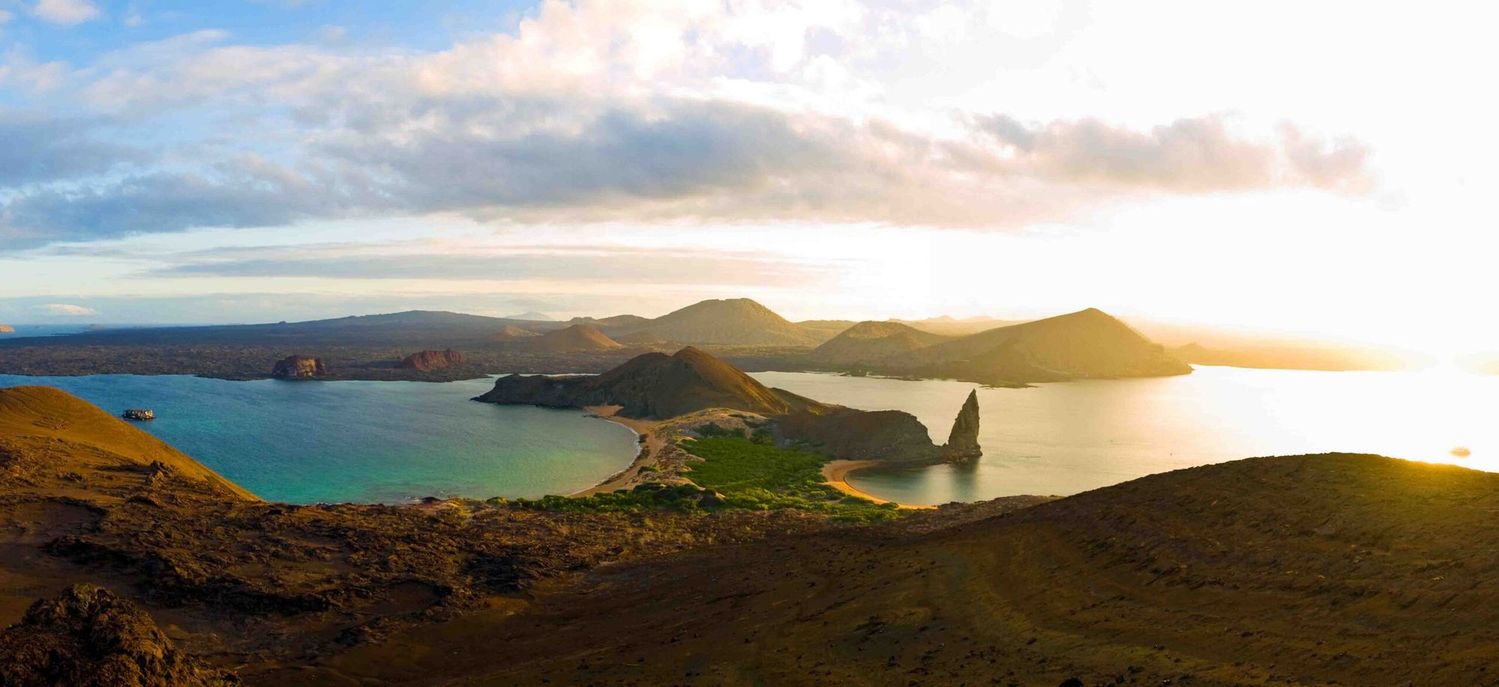 Galapagos Islands volcanic landscape with turquoise lagoon